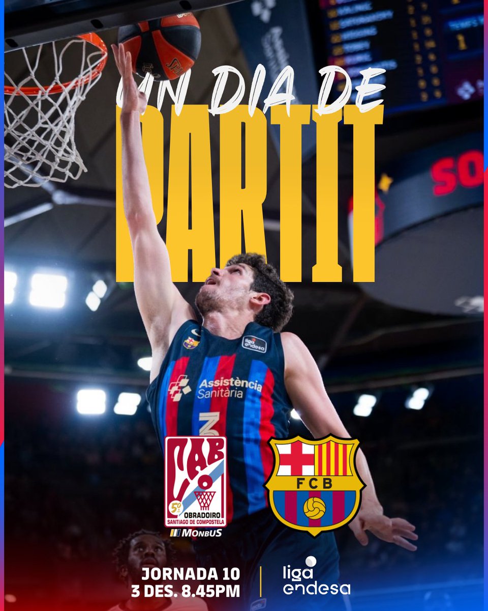 FCBbasket's tweet photo. 🏀 Game Day!
🆚 @OBRADOIROCAB 
📆 20.45h
🏆 Jornada 10 @ACBCOM 
 📺Movistar +
📍Fontes do Sar

🔵🔴#ForçaBarça! https://t.co/GJuIXL4hRv