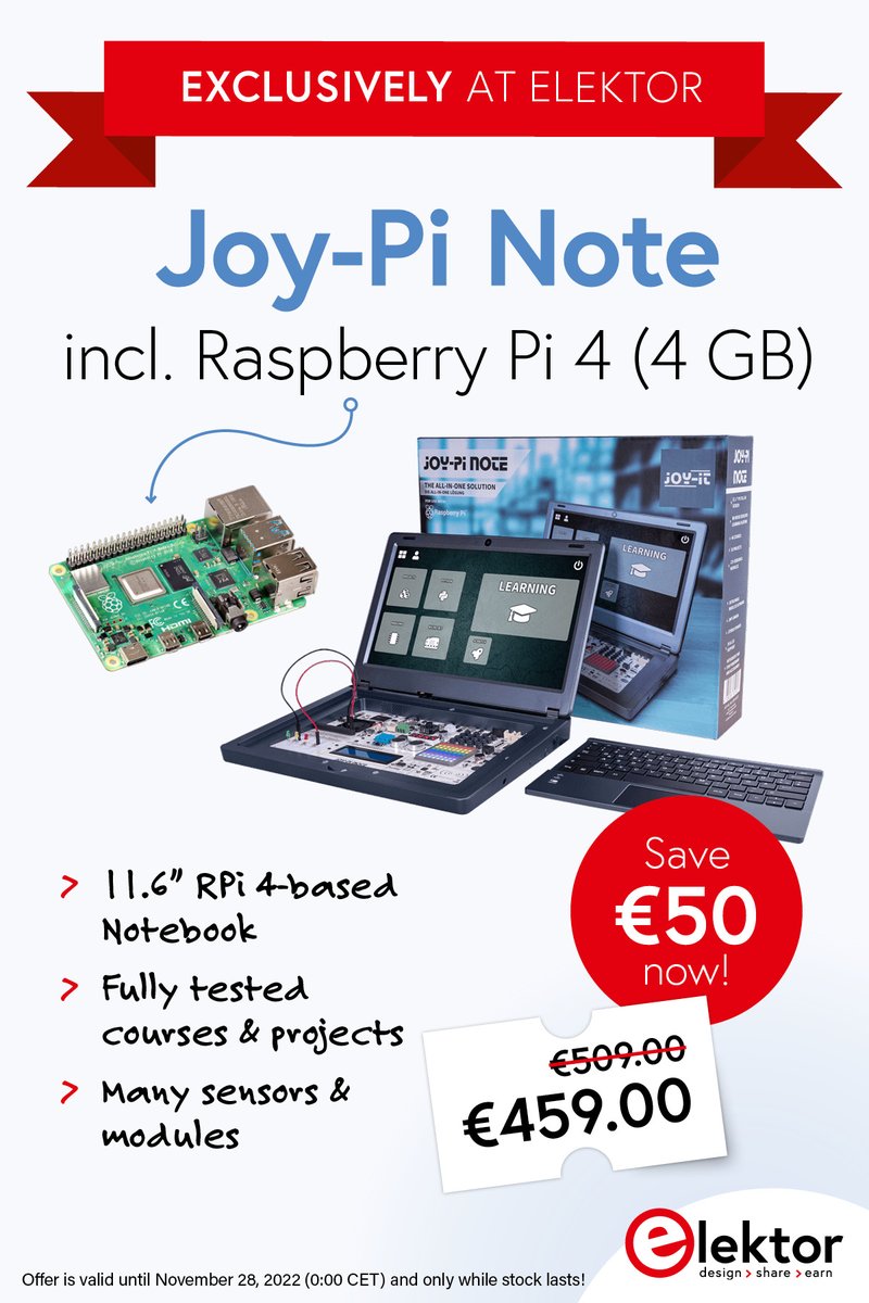 Elektor's tweet photo. Joy-Pi Note incl. Raspberry Pi 4 (4 GB) https://t.co/8BTxP0BOXc
#raspberrypi #rpi #electronics #mcu #joypi #elektor https://t.co/bEptJ9o8os