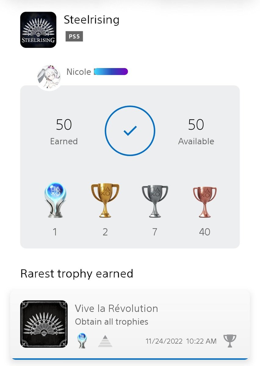 Coley_Badger's tweet photo. Platinum #42 obtained earlier this weekend. What a fun little game that was! #Steelrising #PlayStation #PlayStationTrophy #Platinum #gaming @Nacon @PlaySteelrising https://t.co/2Hj7XUSD2R