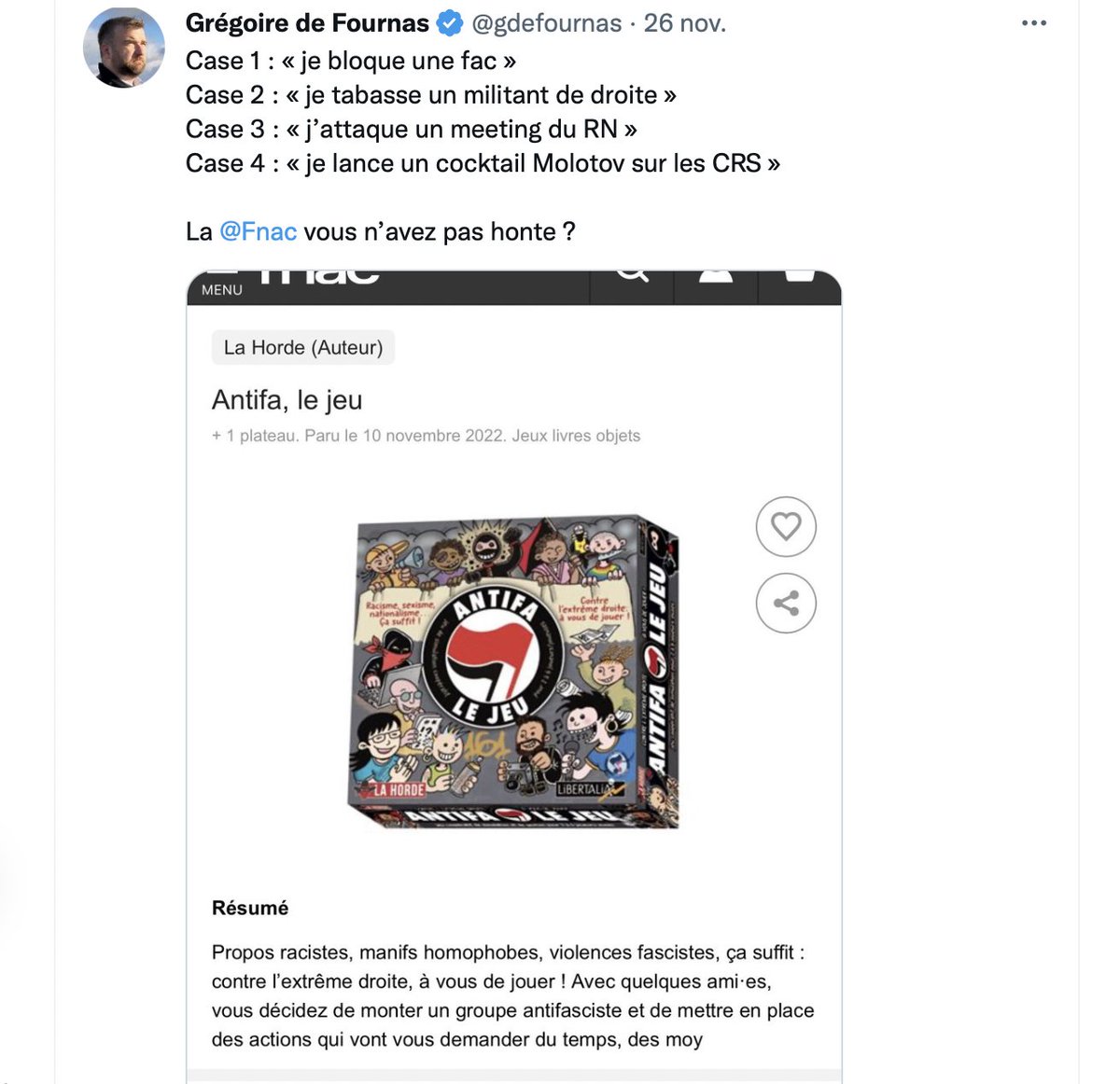 LibertaliaLivre's tweet photo. Sur la base d'allégations mensongères émanant de l'extrême droite puis des forces de répression, la @Fnac vient de retirer de la vente "Antifa le jeu", l'outil de formation conçu par @La_Horde  et Libertalia.

Vous ne nous ferez pas taire! https://t.co/i2UgnnK95b