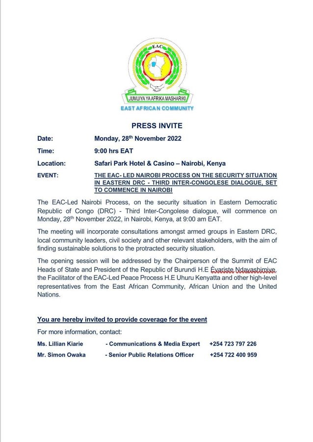 TomNdahiro's tweet photo. The @jumuiya-led Nairobi process on the Security in the Eastern #DRCongo expects to hold the Inter-Congolese Monologue (not Dialogue) between @fatshi13 &amp; his allies on 28 November 2022. @The_EastAfrican @Reuters @nbstv  @goma24news @radiookapi @AJEnglish @Dr_Shyaka @ali_naka @AFP https://t.co/9qQwRUdS5z