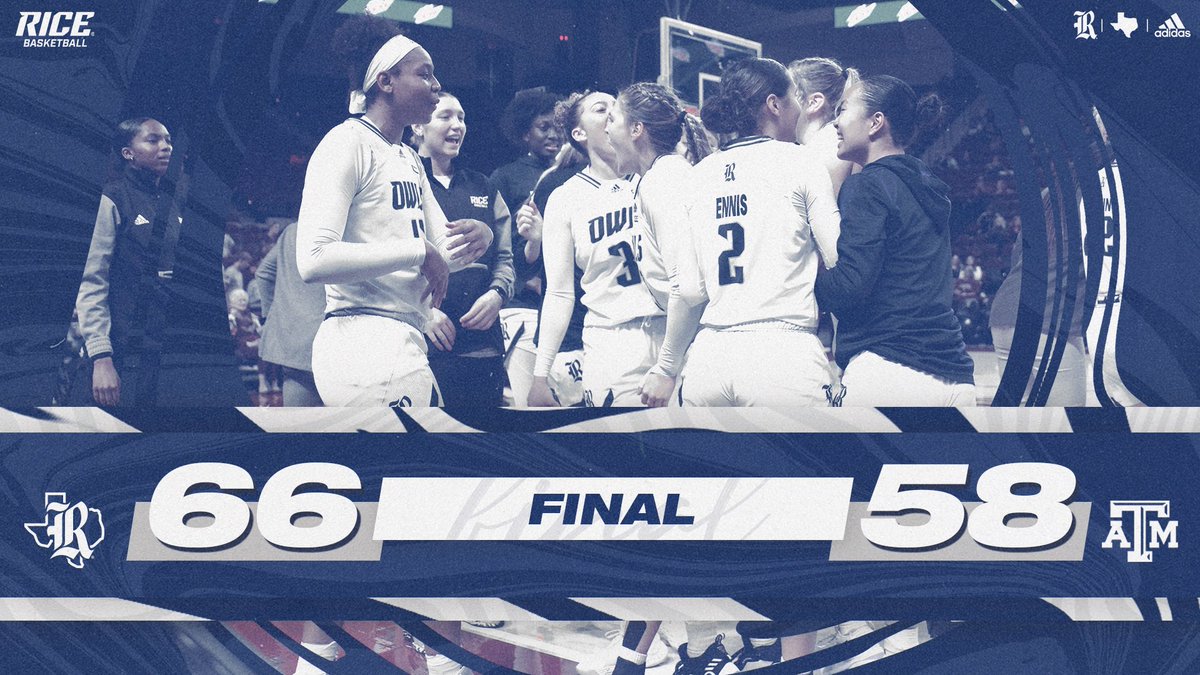 RiceWBB's tweet photo. Having a hoot in Aggieland! 

Rice takes down Texas A&amp;M 66-58 to move to a perfect 6️⃣-0️⃣ to start the season! 

#GoOwls👐 x #AtOwlCost https://t.co/23SaChIZDZ