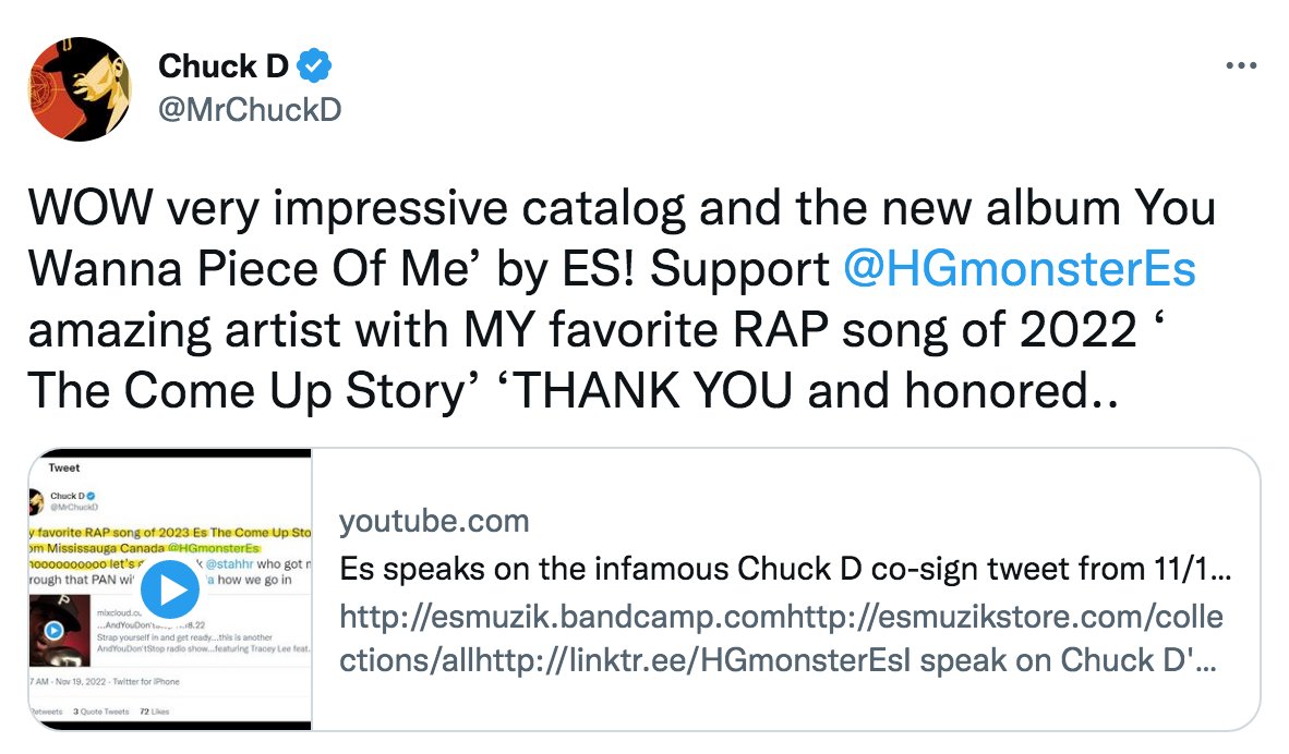 Really cool for the legendary <a href="/MrChuckD/">Chuck D</a> to shout out our very own <a href="/HGmonsterEs/">Es</a>!