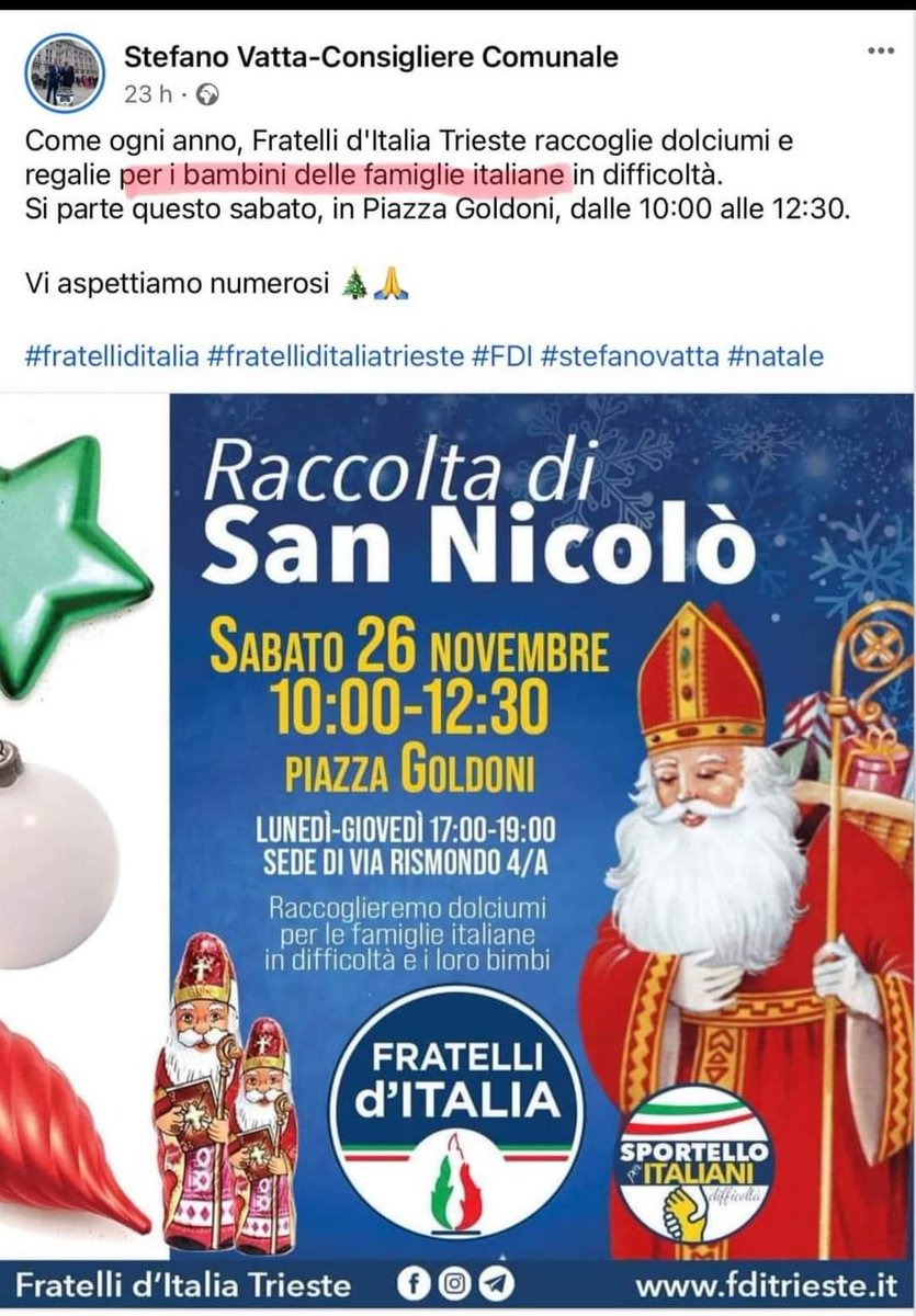 Qualcuno spieghi a 'sti fasciomentecatti che San Nicolò (ovvero San Nicola di Bari) era turco, e secondo me gli girerebbero parecchio i cogIioni se sapesse che i bambini immigrati non riceveranno i dolci e regali raccolti in suo nome...