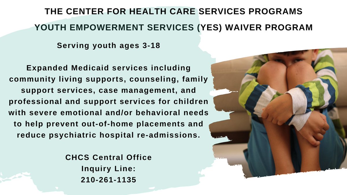 CHCSFoundation's tweet image. Youth Empowerment Services (YES) Waiver Program
Expanded Medicaid services including community living supports, counseling, family support services, case management, and professional and support services for children with severe emotional and/or behavioral needs.