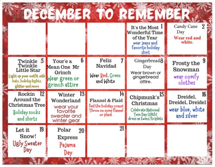 PV is ready for a “December to Remember!” Join us as we count down to winter break with some fun spirit days!! 💙⭐️