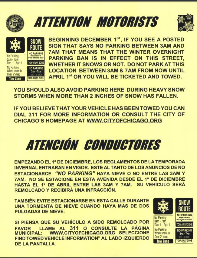 Chicago Police Just A Reminder Starting Thursday December 1st The Winter Overnight Parking Ban Goes Into Effect Snow Or No Snow Your Vehicle Will Be Towed Be Aware Of