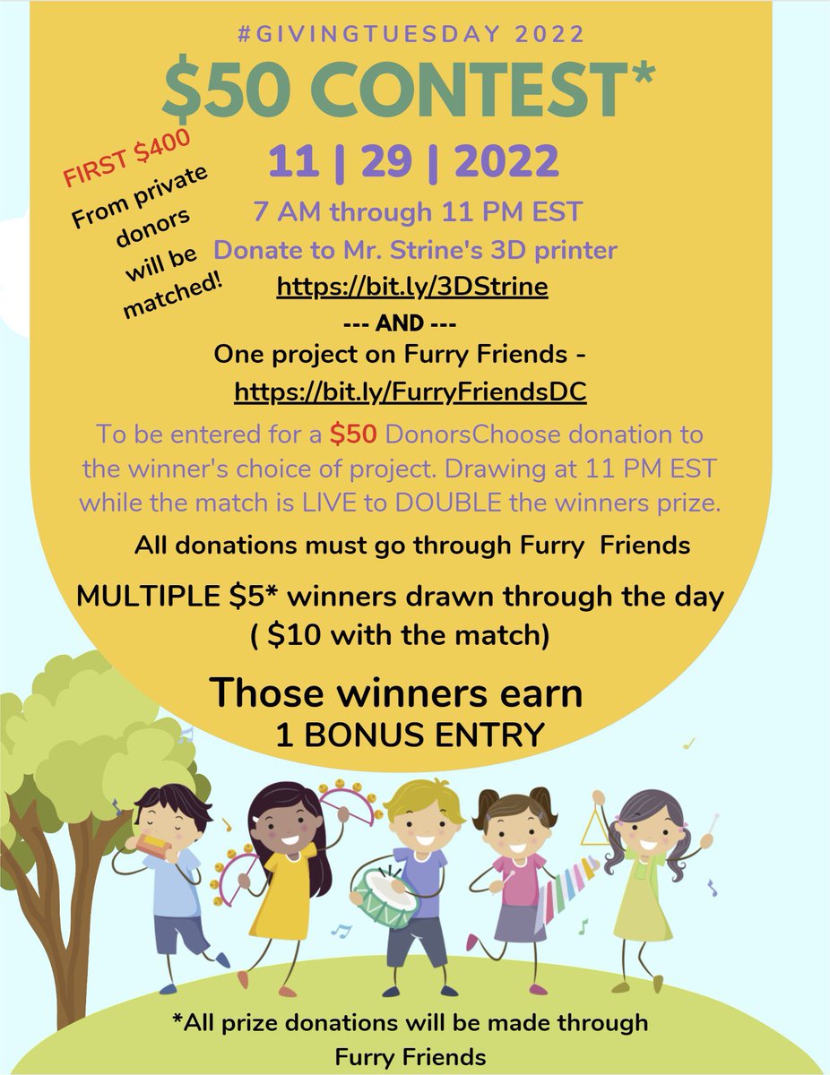 FurryFriendsDC's tweet photo. 1 Day #DonorsChoose contest with a $50 prize coming on #givingtuesday2022! Starts at 7 AM EST Tuesday and will end at 11PM so we can make the donation. 

Thank you so much @RescueMeHART for the donation! 

There will also be other surprises throughout the day on Twitter! https://t.co/rLMkFdD10n