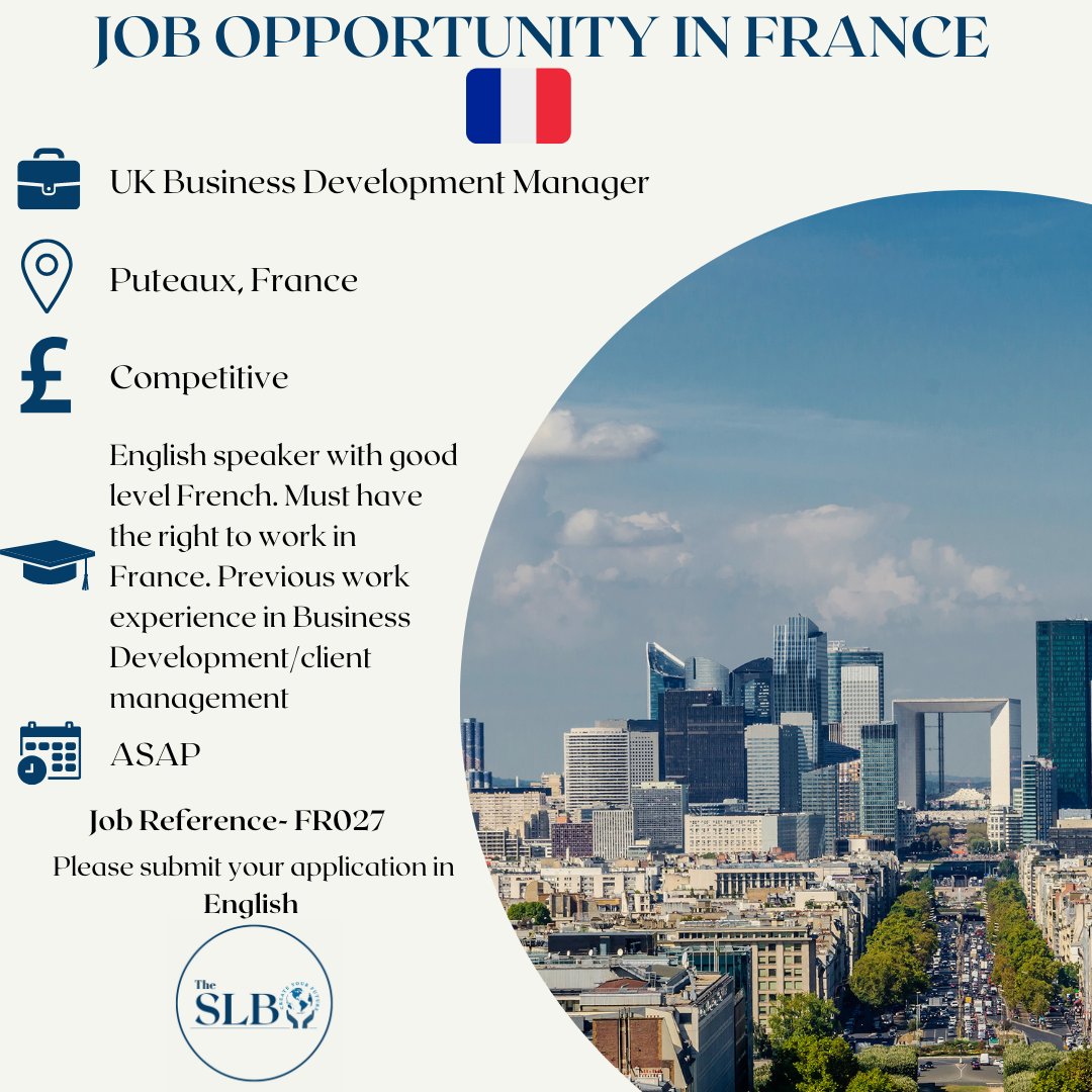 SLB_UK's tweet photo. ✨Job opportunity in #France✨
💼 UK Business Development Manager
📍Puteaux, France
💷 Competitive
🗓ASAP
🔗https://t.co/tLi6hcsC2J
 
If you are interested in this role, email your CV &amp; Cover letter with the reference 'FR027' to info@studentlanguagebureau.com
#hiring #recrutement https://t.co/KqIedgIoc1