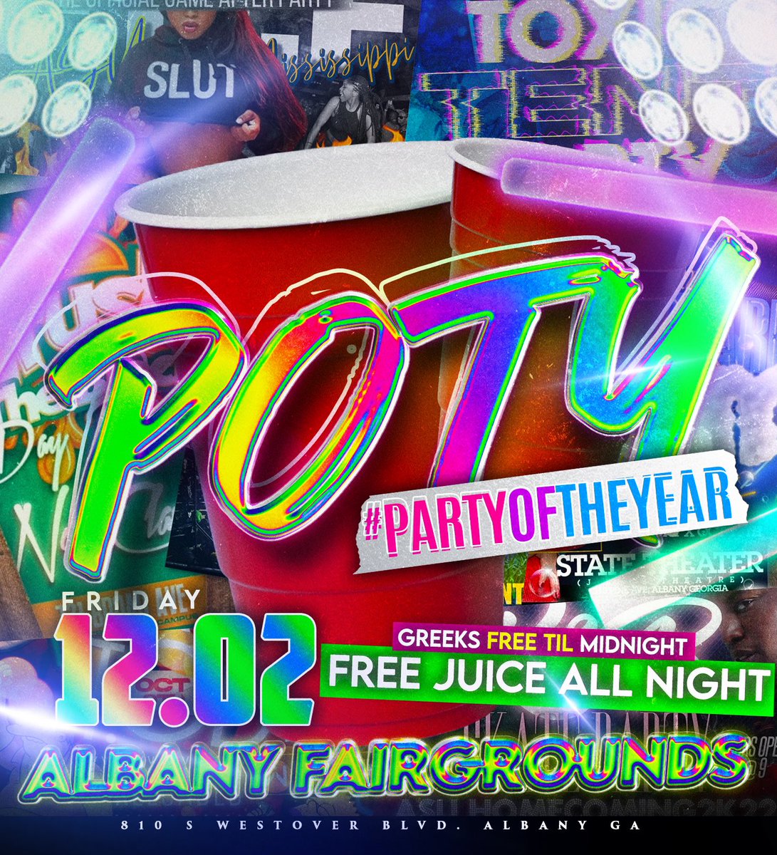 P.O.T.Y ~Party Of The Year~
END OF THE YEAR PARTY 

Fri 12-2-22 @ Fairgrounds 🏚

Greeks Free Til 12 ❤️💜💙💕

810 s westover Blvd 🚗💨

weltp.com/event/Poty

500+ tickets PRE sold 🎟