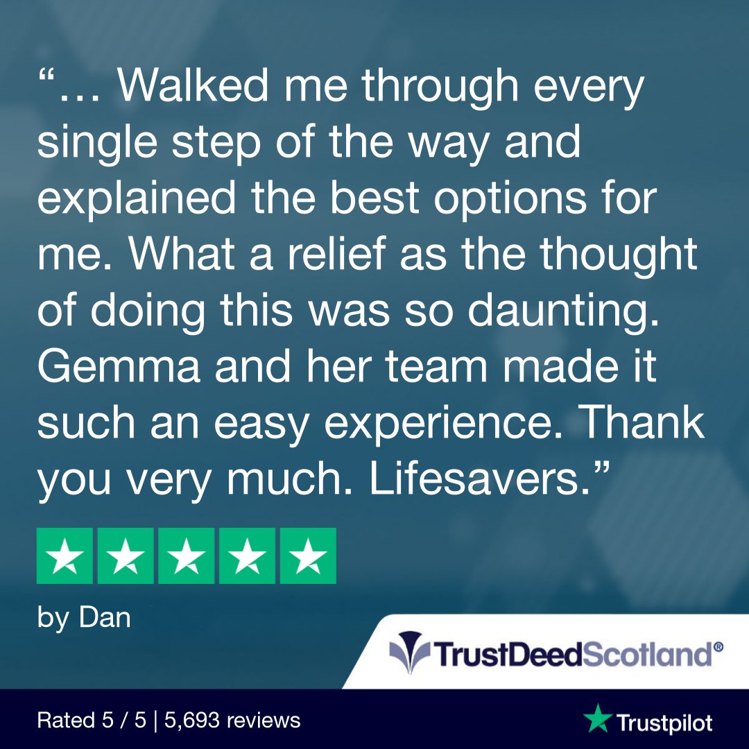 TrustDeedScotl's tweet photo. 🆕Trust Deed Scotland® @Trustpilot review.
★★★★★ by Dan.
Read more reviews:
📖 https://t.co/ftpYfsjxOd
Get started:
➡️ https://t.co/BlktQg4yhM
📞 0141 221 0999
#realmoneystories #debtfreestories #lifeafterdebt #debtsolutions #scotland #helpwithdebt