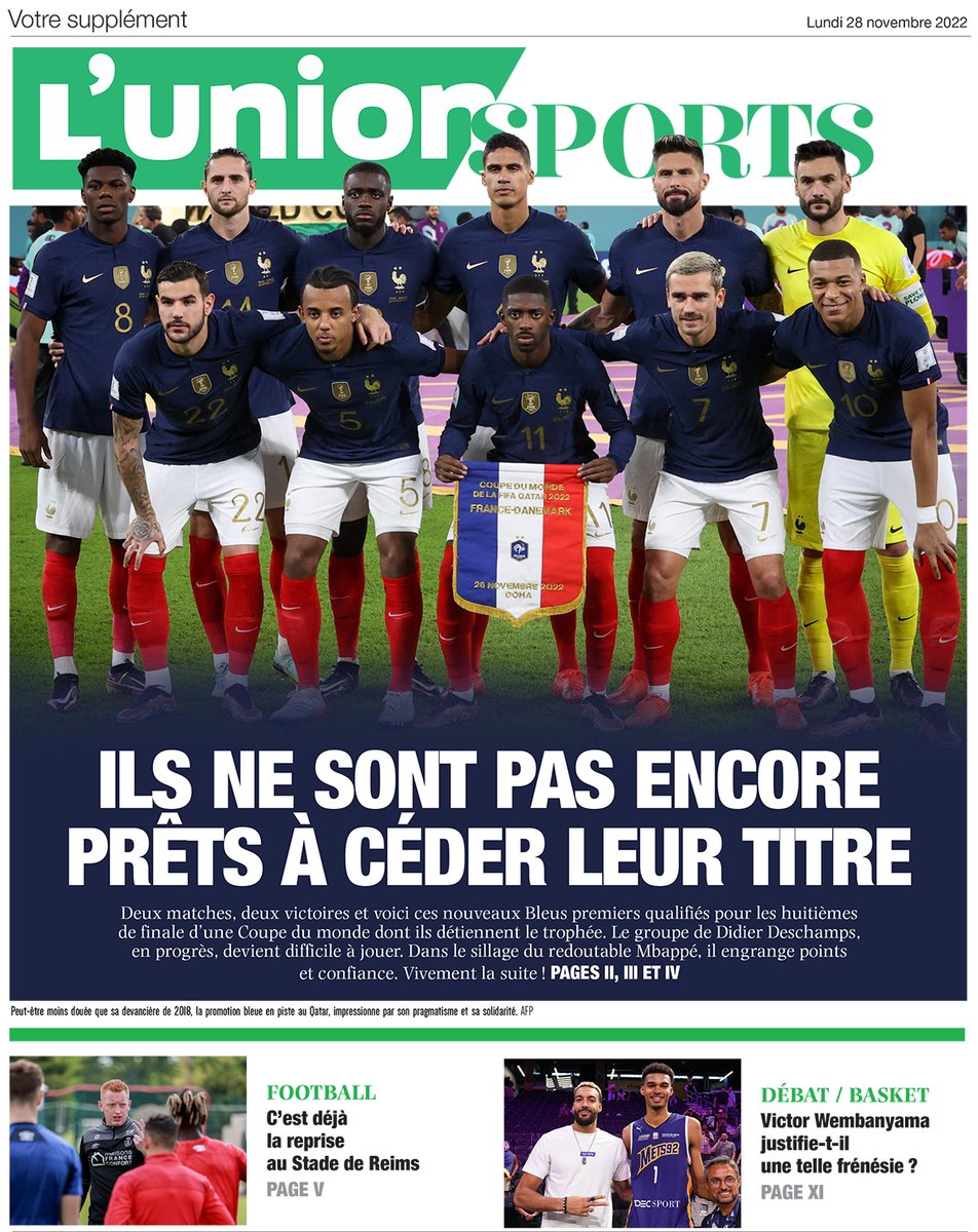 C'est lundi, et c'est sport dans l'@UnionArdennais :
La <a href="/fifaworldcup_fr/">Coupe du Monde de la FIFA 🏆</a> bien sûr, mais aussi du #cyclocross, du #crosscountry, du #football et du #basket régional. Le débat et l'entretien d'Edgar Grospiron.
