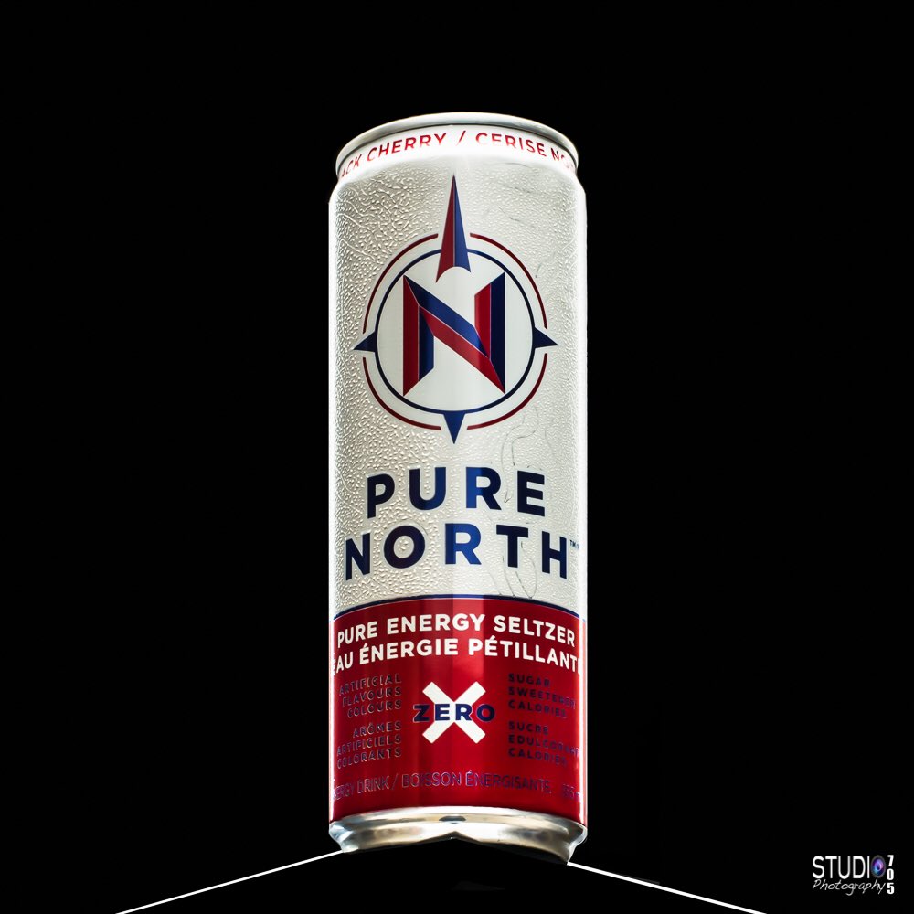 Found this new energy drink on the shelve at the grocery store. No sugars. No Sweeteners. True North Pure Energy Seltzer Cherry Flavour. Cool texture on can, thought it would be a cool photo. #productphotography #studiophotography #saskatoon