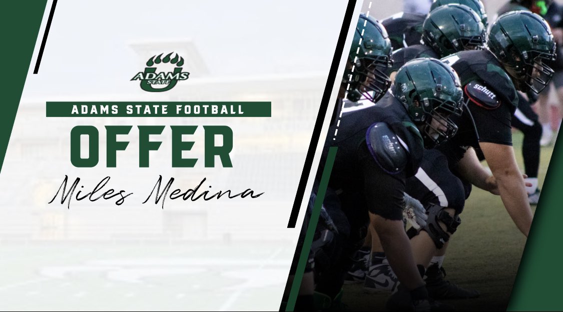 Miles Medina (@milesmedina64) on Twitter photo After an amazing call with <a href="/CoachGerm79/">Coach German Romero-Rosales</a>, I am blessed to receive an offer from @AdamsStFTBL! After an amazing call with <a href="/CoachGerm79/">Coach German Romero-Rosales</a>, I am blessed to receive an offer from @AdamsStFTBL!