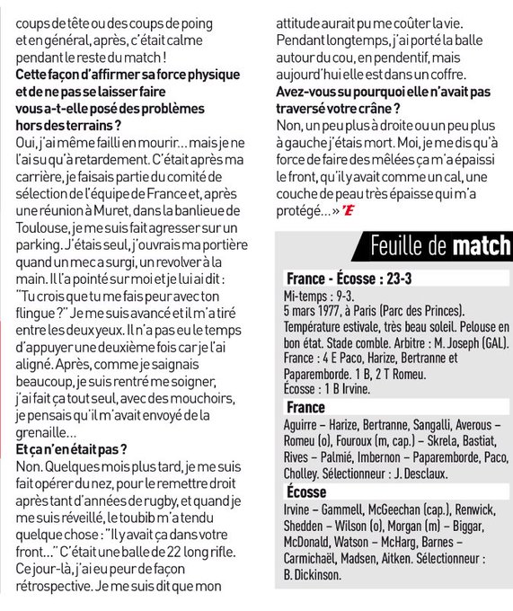 TousPoulidor's tweet image. Quand le légendaire pilier du XV de France du grand chelem 77, Gérard Cholley, prend une balle de 22 long rifle dans la tête, il va se soigner avec un paquet de Kleenex. Histoire vraie⬇️