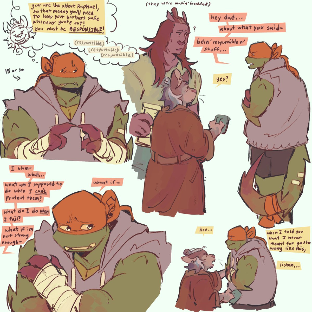time_woods's tweet photo. responsibility is still a struggle for raph, even in this au, sorry not sorry <33 #rottmnt https://t.co/rQAEcH9g1u