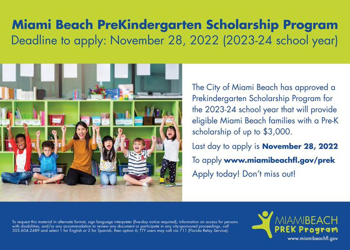 MiamiBeachNews's tweet photo. Last chance to apply! The City of Miami Beach has approved a Prekindergarden Scholarship Program for the 2023-24 school year that will provide eligible Miami Beach families with a Pre-K scholarship of up to $3,000.

Deadline to apply is Monday, Nov. 28: https://t.co/hdFaosxaVi https://t.co/li62p8cIr8