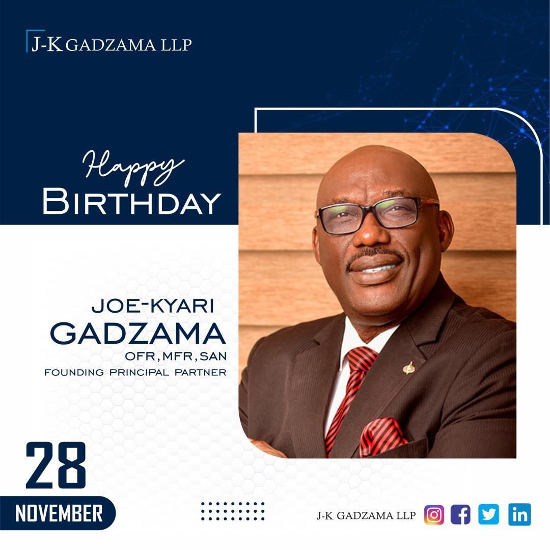 Today, we wish our Founding Principal Partner, <a href="/J_KGadzama/">Joe-Kyari Gadzama SAN</a> a happy birthday. 

You are a great leader and we are pleased to work with you, Sir.