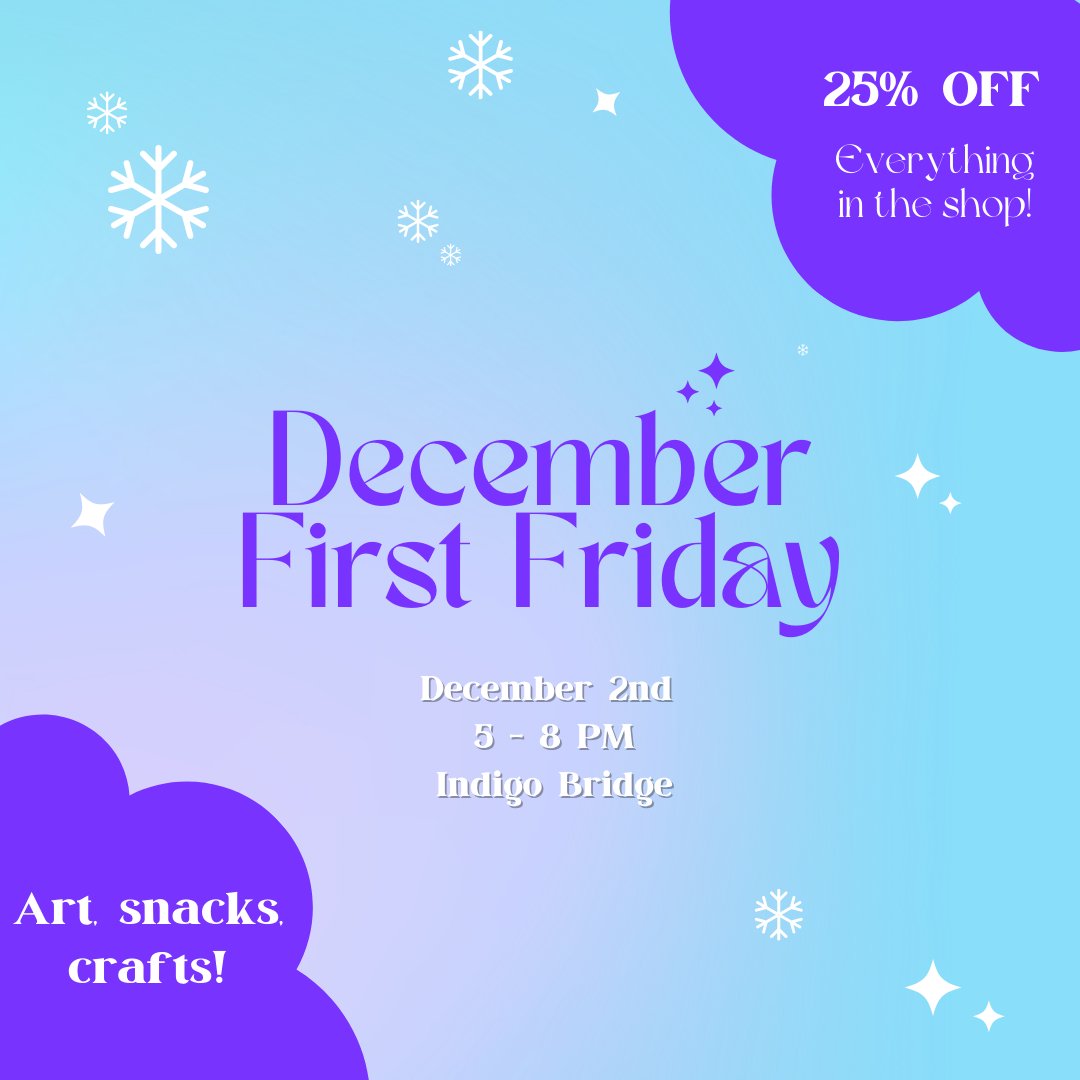 Get in the holiday spirit with us this First Friday! We are showcasing art from Found Space Collective, Artists on the Edge, and Jase Gropp. Treats and winter activities abound! Come and snuggle up with us 🌨☃️❄️🧊🤍
