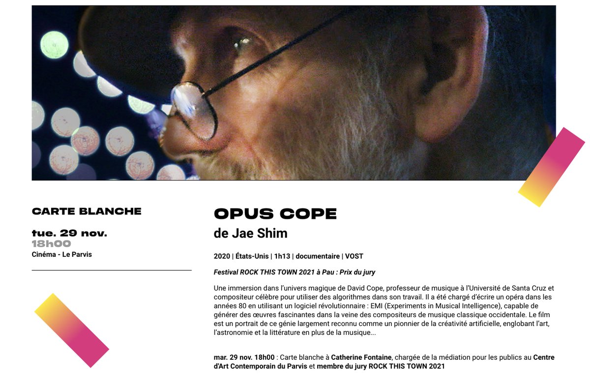OpCopeFilm's tweet photo. OPUS COPE will screen at French museum Le Parvis this Tuesday, November 29 @ 6:00 PM!
https://t.co/ZMOyusbavE
#OpusCope #DavidCope #documentary #film #films #indiefilm #SupportIndieFilm #artificialintelligence #ai #generative #music #classicalmusic #art #science #opcopefilm https://t.co/Hz2Eq8BZML