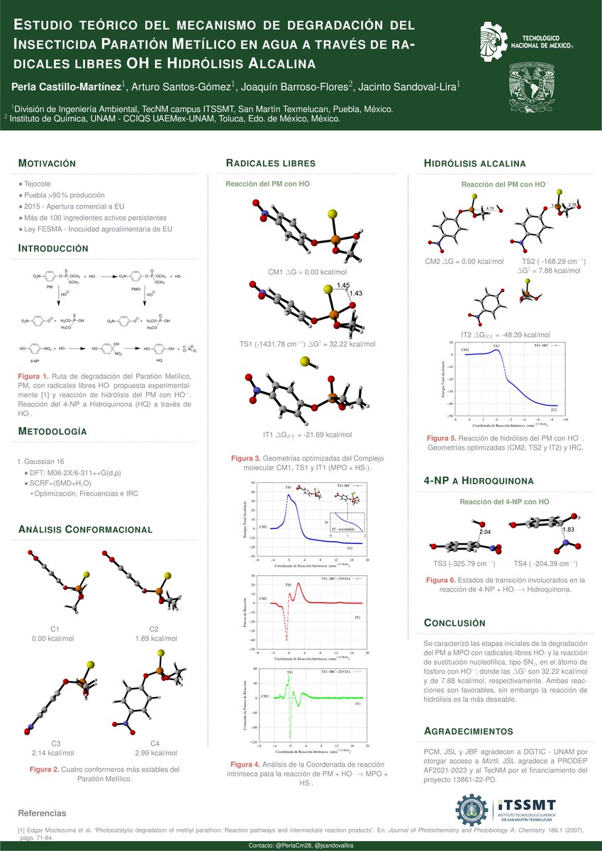 Hola!! @LatinChem, <a href="/joaquinbarroso/">Joaquin Barroso</a>, <a href="/jsandovallira/">Jacinto Sandoval Lira</a>  este es mi trabajo "Estudio teórico  del mecanismo de degradación del insecticida Paratión Metílico en agua a través de radicales libres OH e Hidrolisis Alcalina"
#LatinXChem22  #LXChemComp #Comp151 <a href="/TecNMSanMartinT/">TecNM campus San Martín Texmelucan</a> <a href="/arturo_tec1/">Arturo Santos Gómez</a>