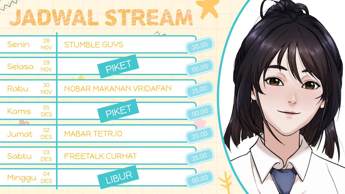 LianGantari's tweet photo. This week's stream schedule anjay.

tags:
Meme : #NiMeme
Art : #NiArt
Clips : #NiClips
jangan lupa #BantuanTugasLian

#VtuberID xixixi https://t.co/M2mcrQeTsl
