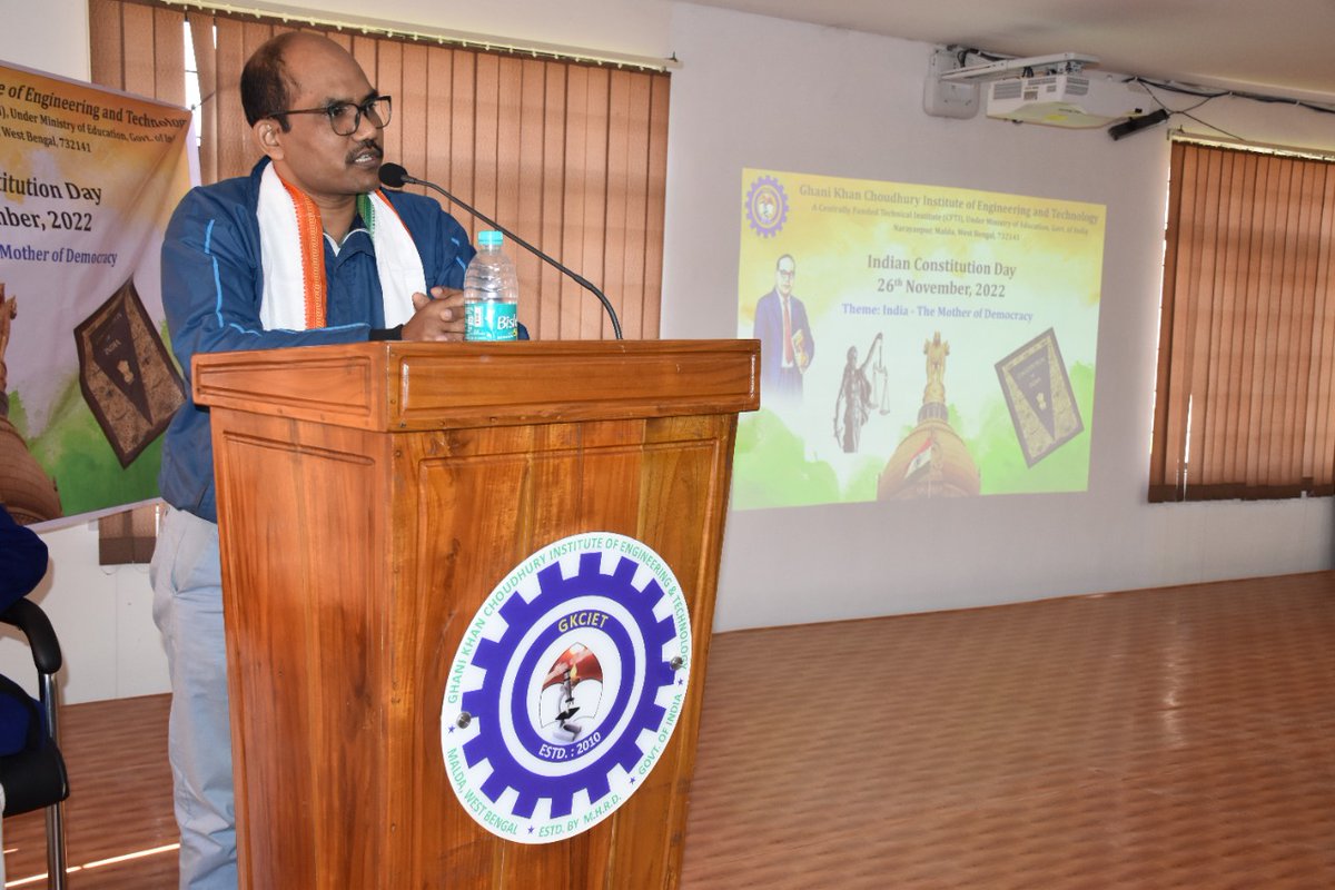 gkciet_malda's tweet photo. GKCIET Malda celebrated National Constitution Day on 26th November, 2022. 
A seminar was organized on this auspicious occasion.
Theme: India - The Mother of Democracy
Speaker: Mr. Chandan Roy, Assistant Professor, Malda College, Malda. https://t.co/E3zu0f6vf9