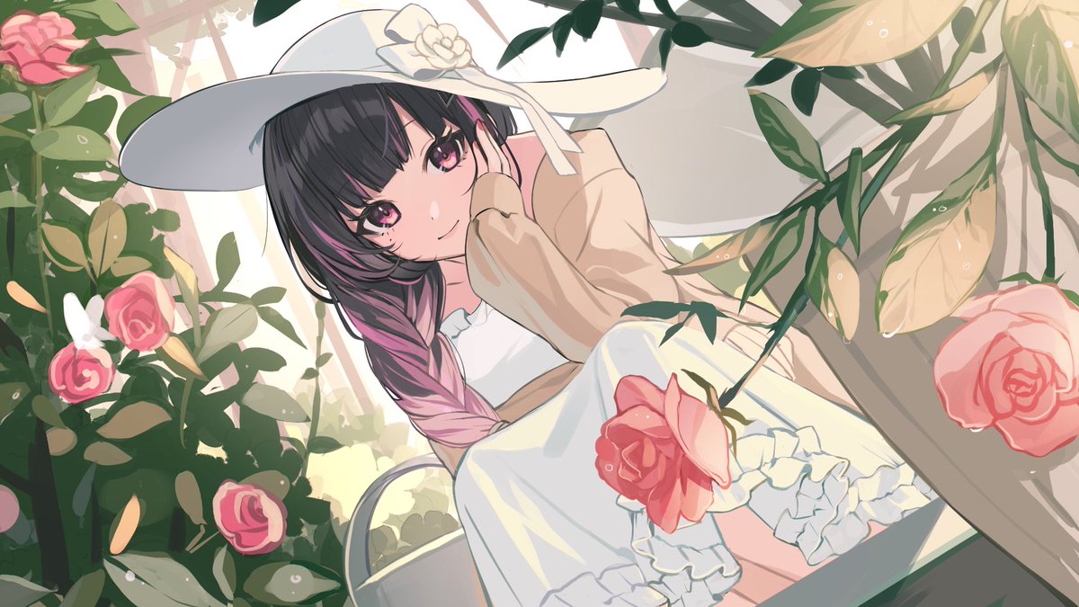1girl flower solo hat rose smile dress  illustration images