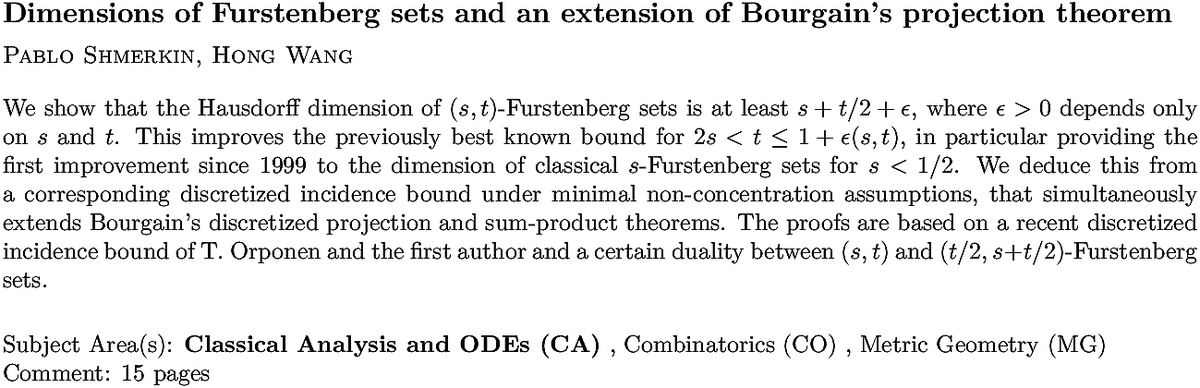 arxiv.org/abs/2211.13363…
P Shmerkin, H Wang
Dimensions of Furstenberg sets and an extension of Bourgain's projection
  theorem