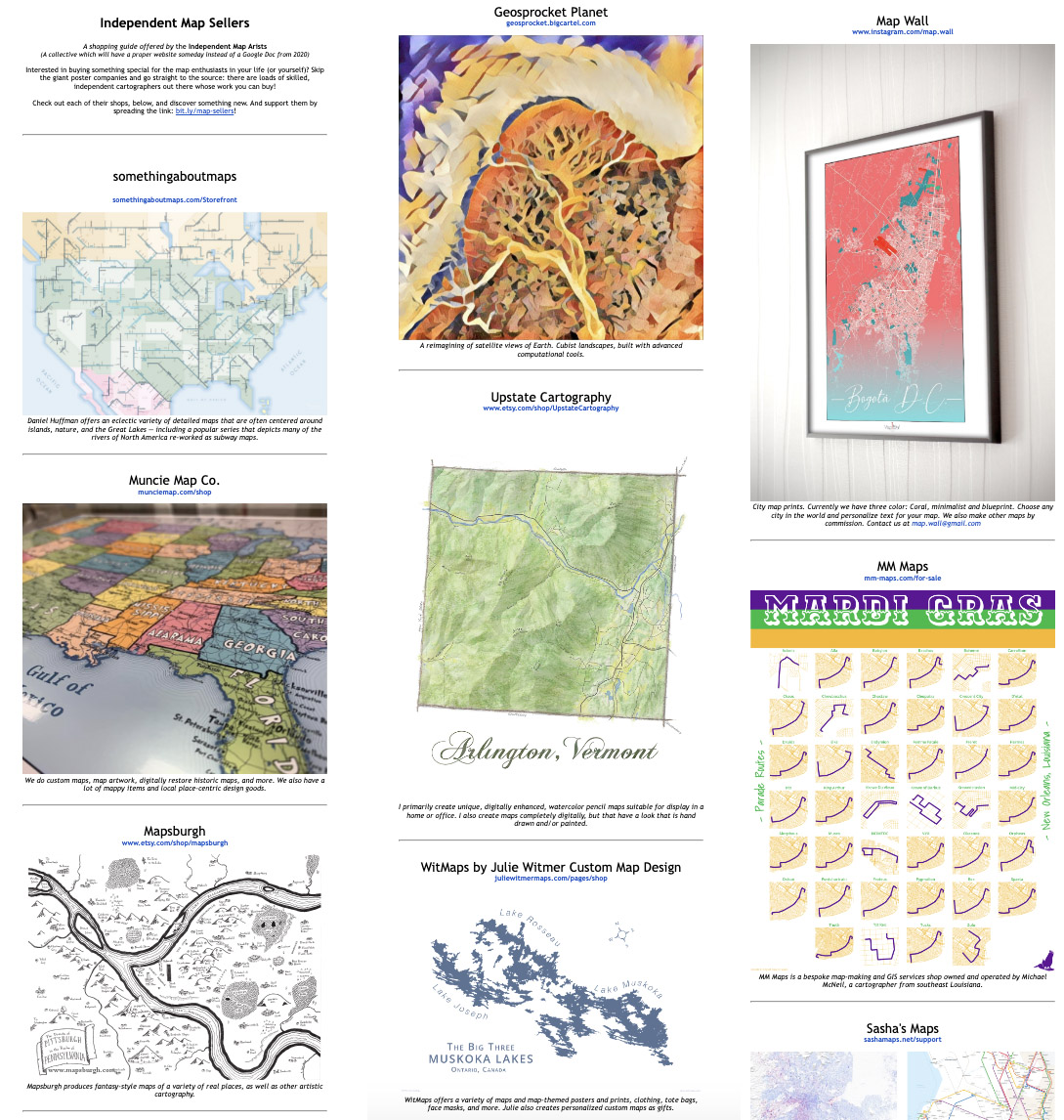 Lots of mapmakers run small online shops that would welcome your support during the holidays. Here's a list featuring a bunch of gift options to explore: bit.ly/map-sellers

Please share!