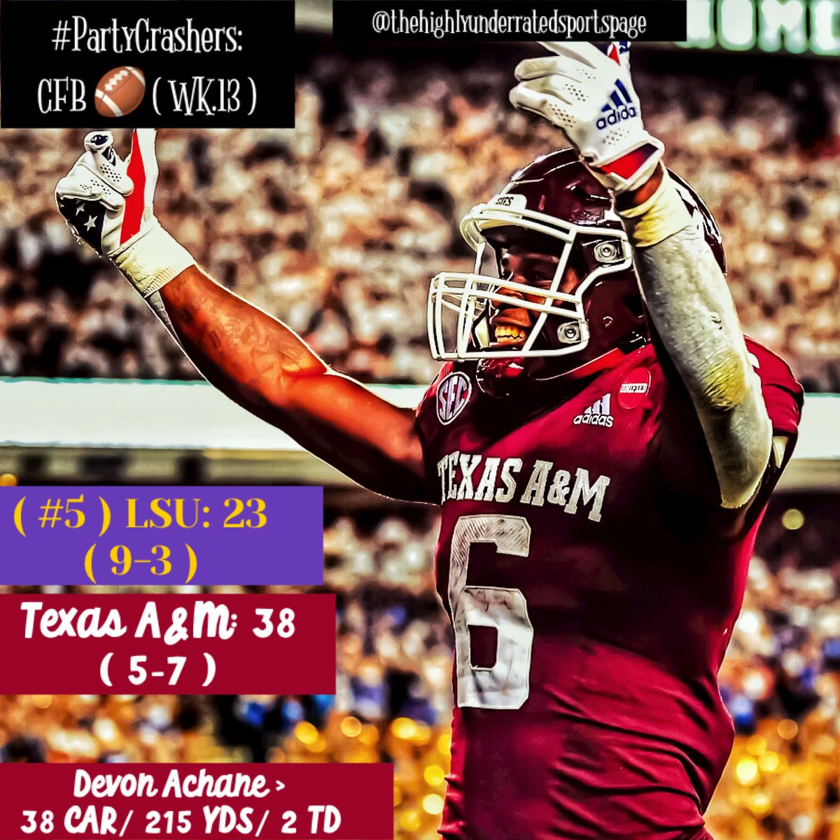 HighlyUndSP's tweet photo. So many upsets yesterday I know them CFP rankings gonna be looking real different. Texas A&amp;M played apart defeating ( #5 ) LSU . #partycrashers #CFB #Week13 #LSU #TexasAM #SEC #CFBTwitter #thehighlyunderratedsportspage https://t.co/oDOXVrnK5U