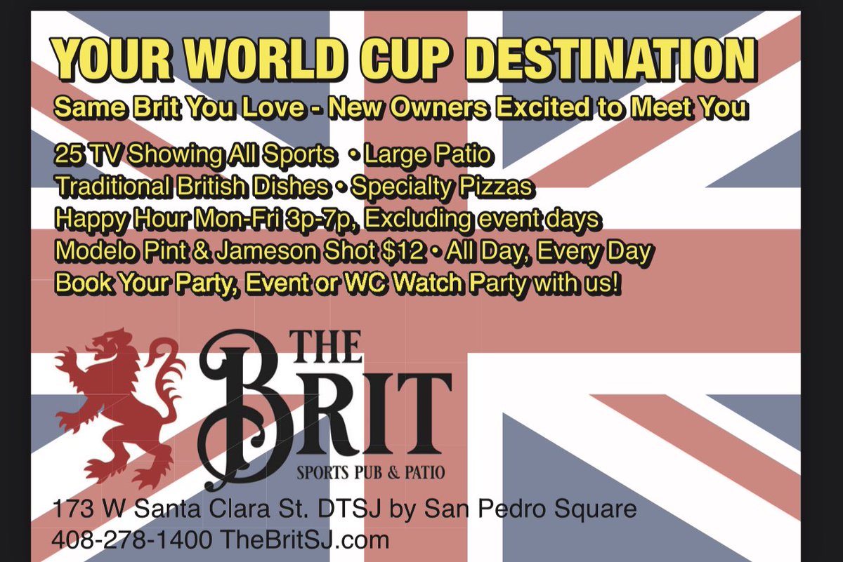 We are hosting world cup watch parties in partnership with <a href="/SJEarthquakes/">San Jose Earthquakes</a> at san pedro square in san jose downtown. showing all games after 7 am. Enjoy Mimosa’s and Bloody Mary with special breakfast menu… thebritsj.com