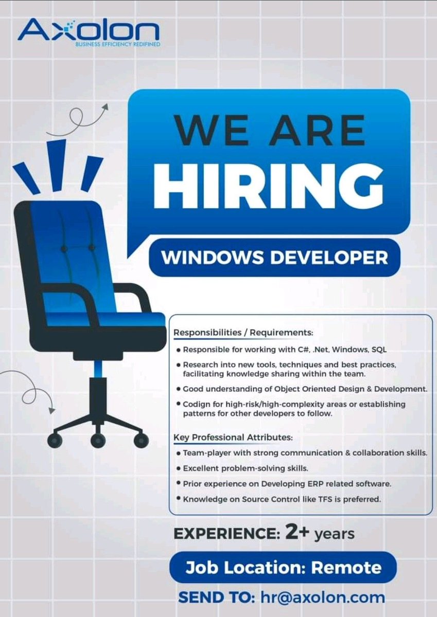 samlal7's tweet photo. We Are Hiring Now!!
2+ years of expertise in software development, implementation, and support for ERP is required.
Interested candidates can send their CV to hr@axolon.com
#hiring #windowsdevoloper #jobseekers #jobhiring #jobalert
#software #developer #design #coding #sql https://t.co/CgrNtmFgft
