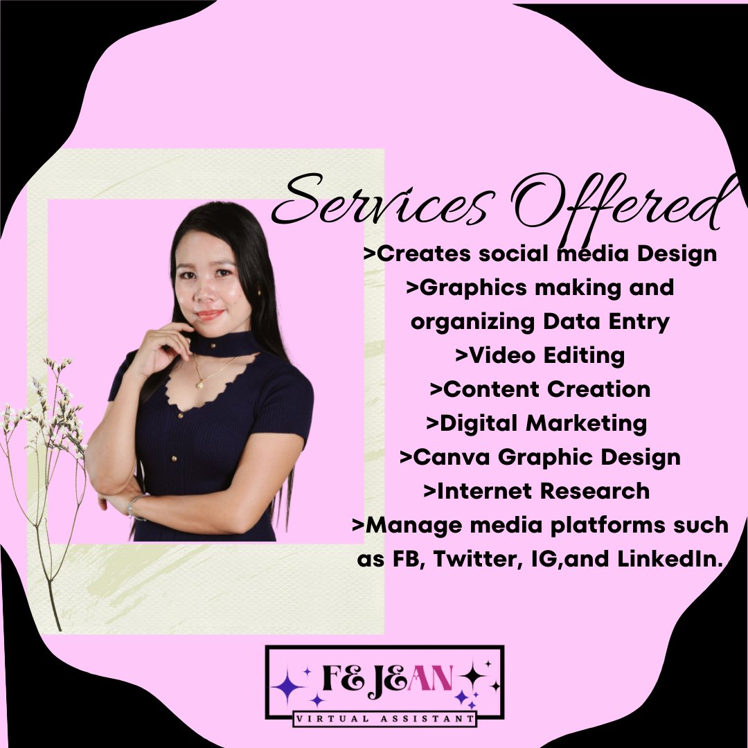 fejeanQ's tweet photo. SERVICES OFFERED"

PS: Let me help you grow your business. Message me how. 😊

#workwithfejean
#virtualassistant
#virtualassistantservicesforsmallbusinesses
#digitalvirtualassistance
#freelancer
#onlinevirtualassistance
#businessowner
#virtualassistantservices
#entrepreneur https://t.co/C3zdPPDMHG