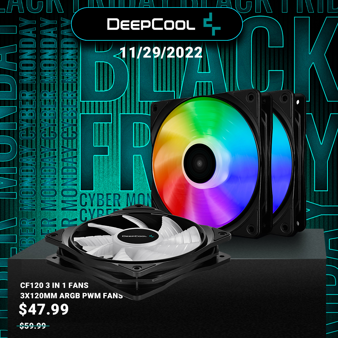 DeepCoolNA's tweet photo. Cyber Monday Deals on https://t.co/axpmKTFk2c!
https://t.co/yT1ftYQWpe
Starts Nov 29, 2022
4:35 AM PST - 4:35 PM PST
#deepcool #CyberMonday #tech #Deals #CF120 #CF120plus #pwmfans #casefans https://t.co/tBEYTJY3fs