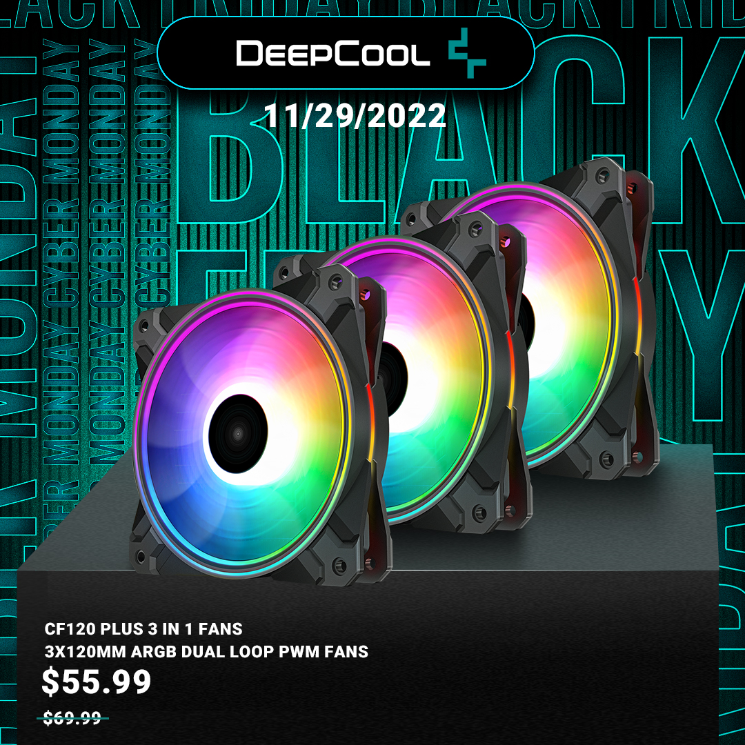 DeepCoolNA's tweet photo. Cyber Monday Deals on https://t.co/axpmKTFk2c!
https://t.co/yT1ftYQWpe
Starts Nov 29, 2022
4:35 AM PST - 4:35 PM PST
#deepcool #CyberMonday #tech #Deals #CF120 #CF120plus #pwmfans #casefans https://t.co/tBEYTJY3fs