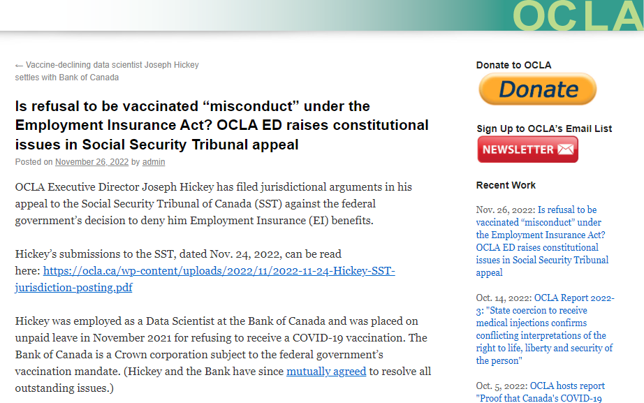 oncivlib's tweet photo. Is refusal to be vaccinated “misconduct” under the Employment Insurance Act? Gov't says it is.

OCLA ED Joseph Hickey raises constitutional issues in Social Security Tribunal appeal against government's denial of EI benefits for declining vaccination

https://t.co/GTyVSntAbd https://t.co/budqcpkb5A