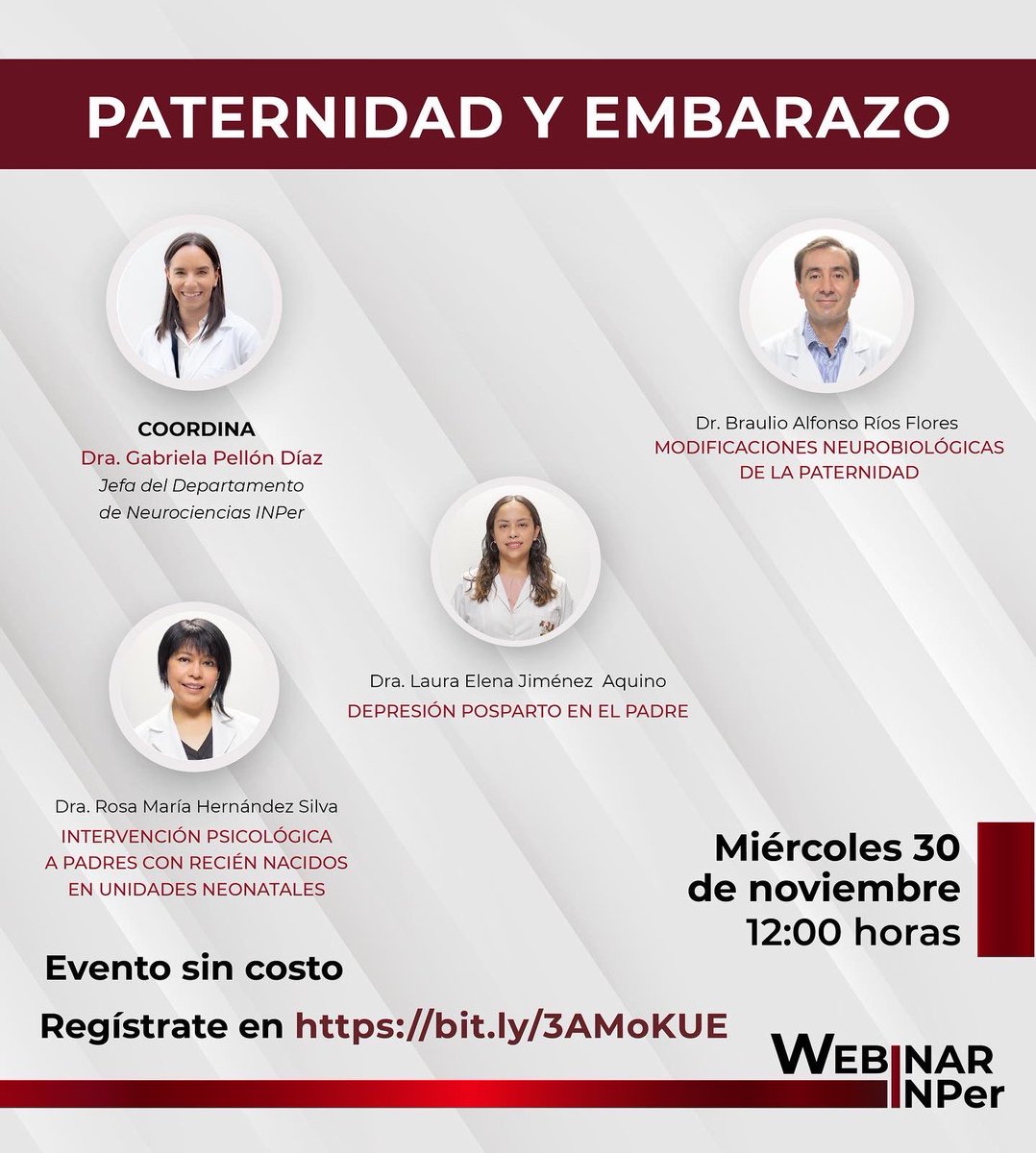 INPer_mx's tweet photo. #WebinarINPer  
PATERNIDAD Y EMBARAZO

Regístrate aquí https://t.co/6KnBaySZkh
Miércoles 30 de noviembre • 12:00 horas

#MODIFICACIONESNEUROBIOLÓGICAS DE LA #PATERNIDAD
#DEPRESIÓNPOSPARTO EN EL #PADRE 
#INTERVENCIÓNPSICOLÓGICA A #PADRES CON #RECIÉNNACIDOS EN #UNIDADESNEONATALES https://t.co/8dFXThhuVX