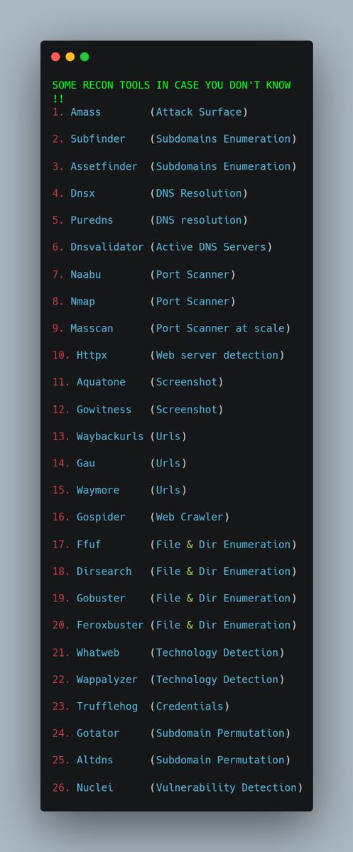 YashParwal1's tweet photo. Some #recon #tools in case you don't know #beginner #bughunters #pentesters 👇

#bugbountytips #cybersecurity https://t.co/r20o5SlocW