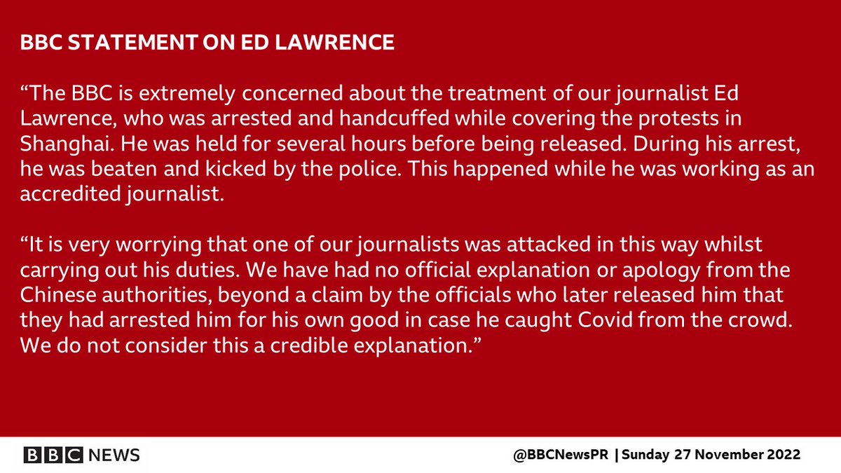 【外電消息】 BBC 特派記者勞倫斯（Edward Lawrence）昨（27）日晚間在上海採訪報導示威活動，遭警方上銬逮捕及毆打，數小時後獲得釋放。 @BBCNewsPR：「中國當局目前沒有回覆任何官方說明或道歉，僅在釋放時宣稱這麼做是為他好，避免他在人