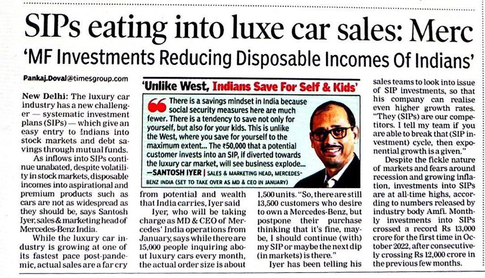 dishant2270's tweet photo. Future financial stability >>> Short term luxuries !
This is new INDIA and new mindset of young investor.

“ SIP’s are our competitors “ says #Mercedes CEO 

Saving and future planning is the key element which separates most Indian families from western culture ! https://t.co/2KDqWp3o0P