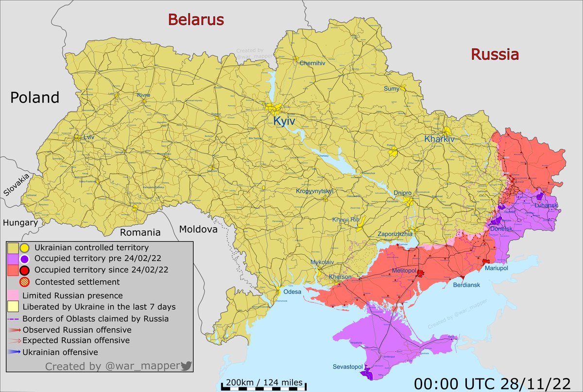 A map of the approximate situation on the ground in Ukraine as of 00:00 UTC 28/11/22.