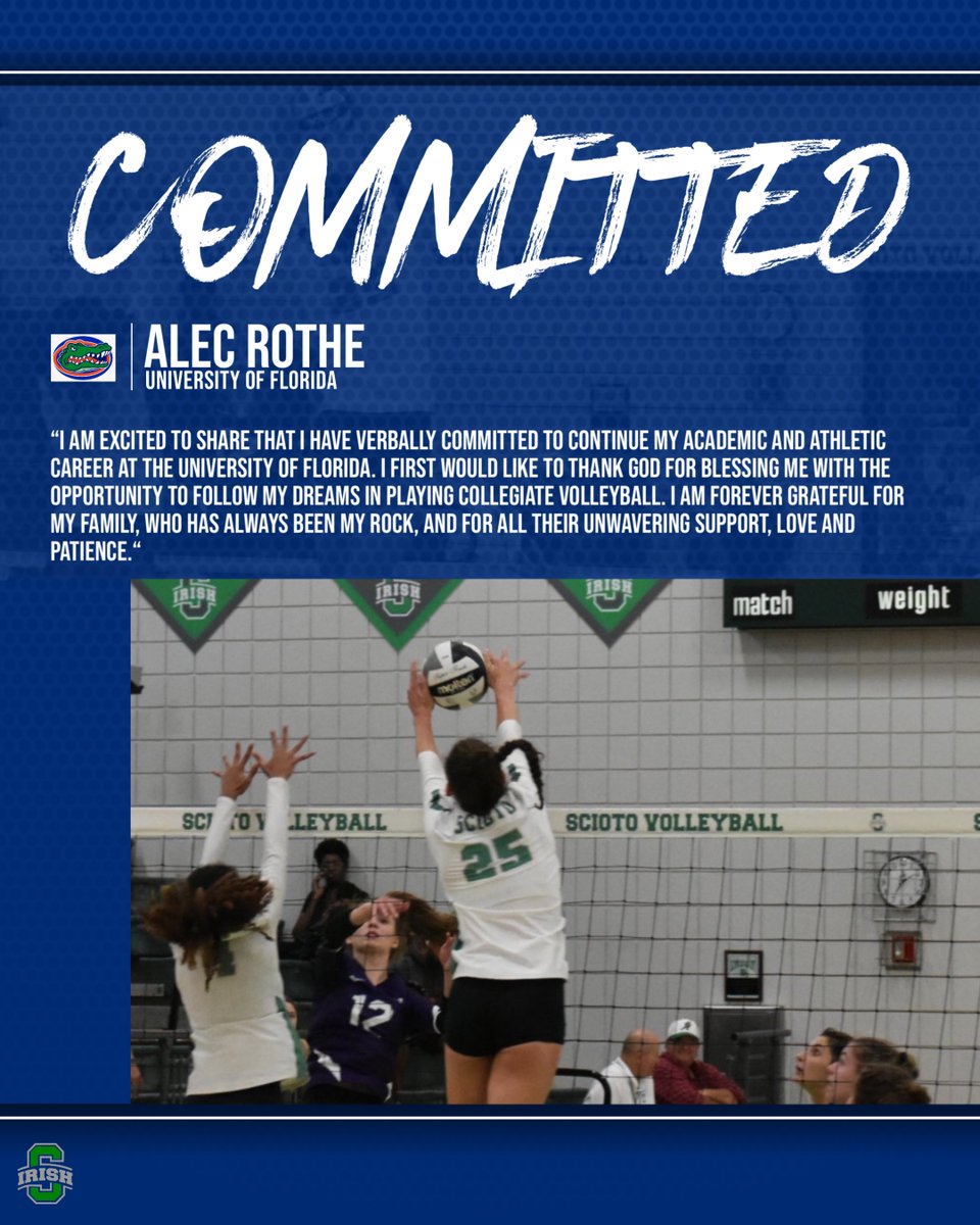 Congratulations to @alecrothe on her commitment to @GatorsVB If you’ve not had an opportunity to see her play @DSHSLVB or @sciotoladyirish you need to come out and see an incredible student-athlete. BRIGHT FUTURE #GOIRISH