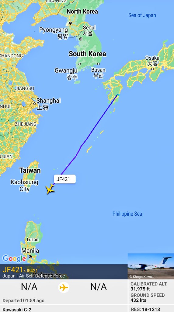 FMilcoms's tweet photo. #JF421 #87CC49 departed RJFN and heading South.
Likely heading to the Philippines to support JASDF participating in the joint training with the Philippine AF taking place at RPLC. https://t.co/Pzmpv659hw