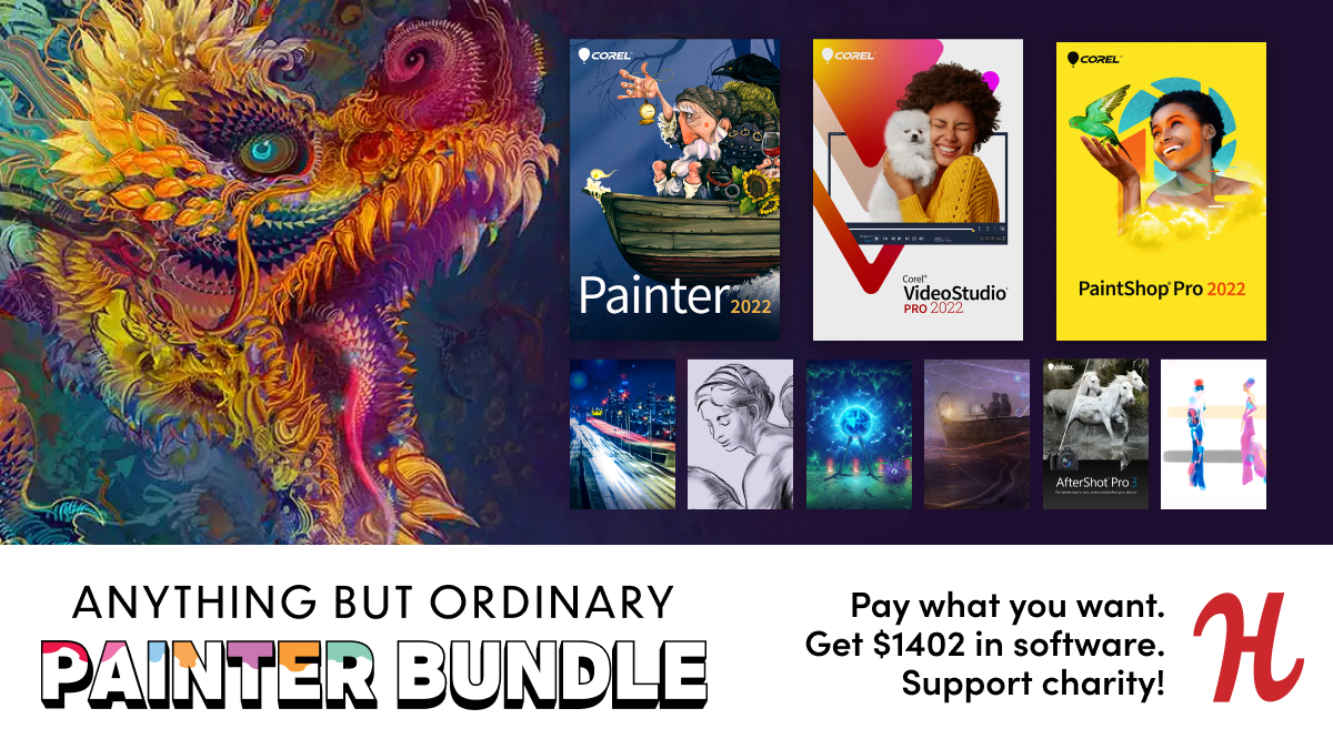 humble's tweet photo. Pay what you want for $1,400+ of professional digital art &amp; video software from Corel, featuring Painter 2022, over a dozen Brush Packs and Paper Packs, VideoStudio Pro 2022, and more!

Supporting @CMNHospitals 

https://t.co/E1ZLGsl8eQ https://t.co/CBke6gbAjr