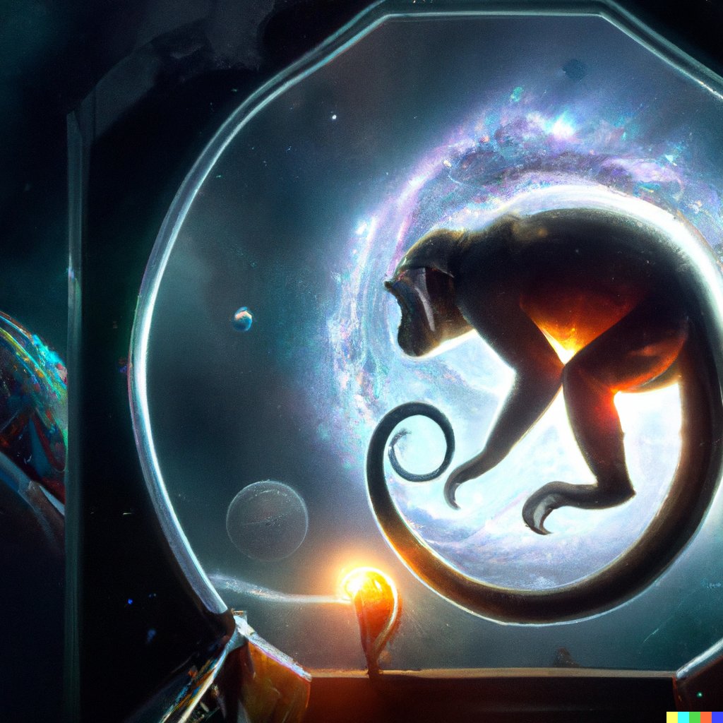 tyshotwell78's tweet photo. a monkey passing through a portal through space and time, digital art. #dalle2 https://t.co/VO4uFL5exm