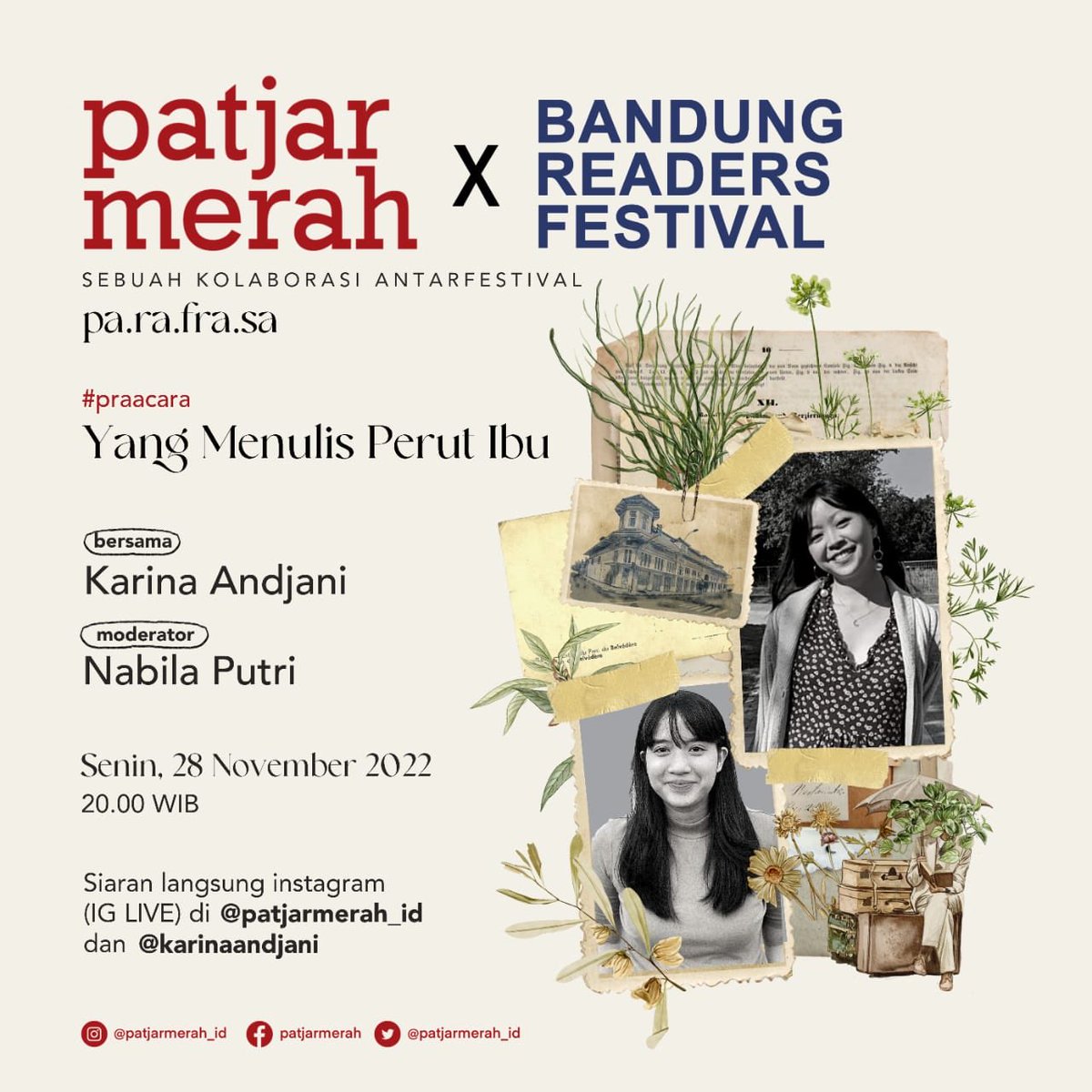 patjarmerah_id's tweet photo. #praacara patjarmerah Bandung hadir lagi, masih ngobrolin #patjarbaroe yang akan hadir di patjarmerah Bandung. Pasti akan jadi obrolan menyenangkan, malam ini, ikutin siaran langsungnya di Instagram @patjarmerah_id pukul 20.00. Sampai bertemuππ» https://t.co/TUiJ7VvHg7