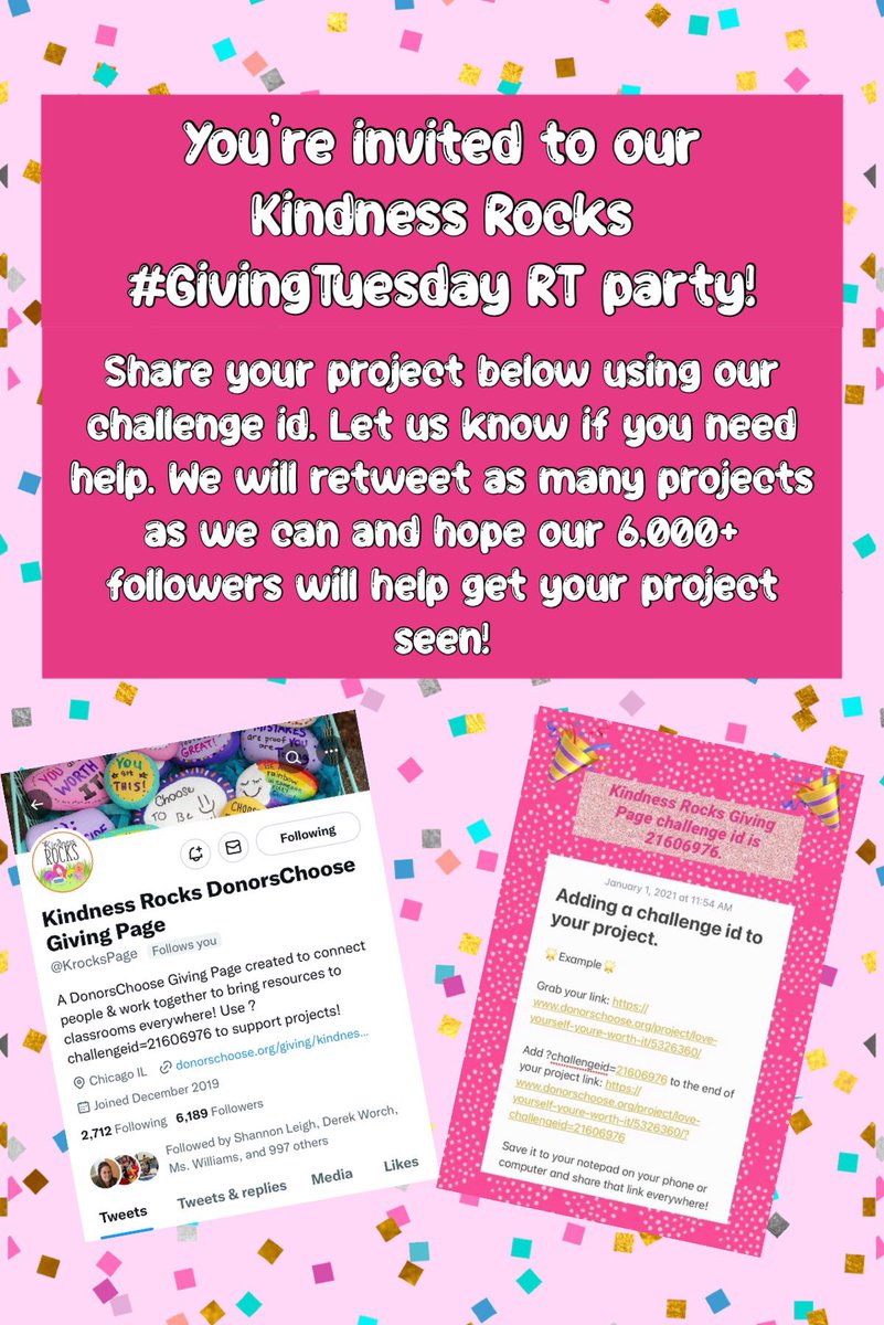 KrocksPage's tweet image. You’re invited to our Kindness Rocks #GivingTuesday RT party! 🎉 There are over 95,000 projects posted on DonorsChoose right now. How can you make your project stand out to donors? Check out below for a free way to help get your project seen by more donors! 🥳