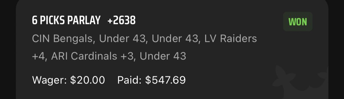 BettingPix's tweet photo. NFL REVIEW 11/27 📝💎🌽
6/6 SWEEP 🧹
Now an absurd 35 - 6 our last 7 weeks (85%) 🥳🚂
🏈 Bengals ML (-115)✅
🏈 ATL/WSH U43 (-150)✅
🏈 CHI/NYJ U43 (-190)✅
🏈 TB/CLE U43 (-130)✅
🏈 Raiders +4 (-110)✅
🏈 Cardinals +3 (-110)✅
Congrats to those who tailed! 🚂
#NFLKing #VIP https://t.co/65veoTPVW4