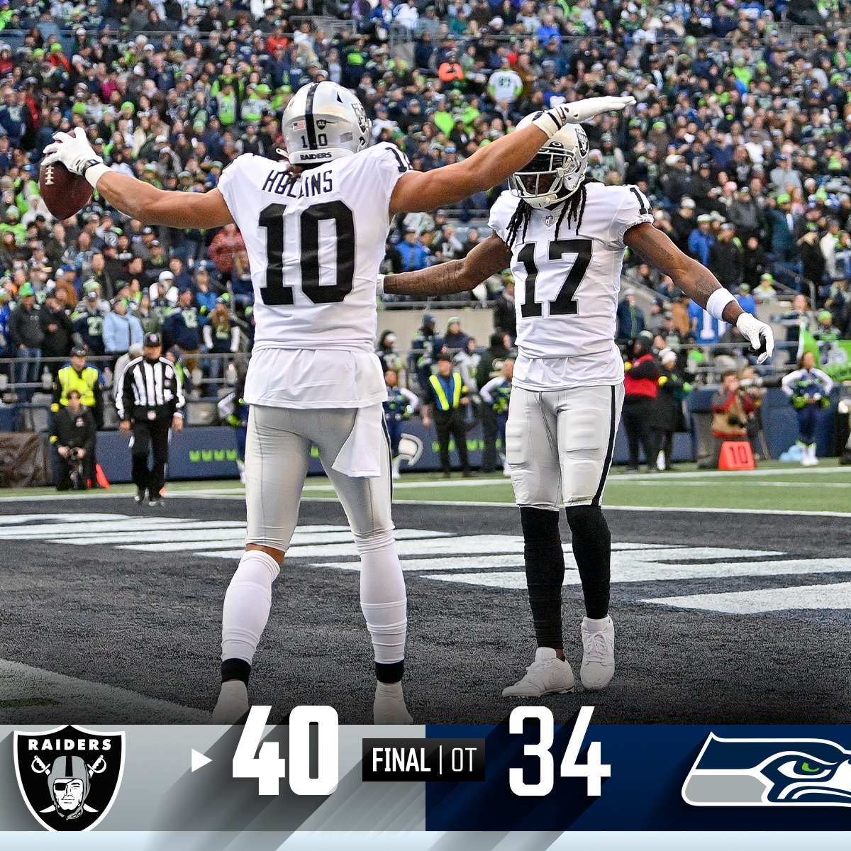 NFL's tweet photo. FINAL: The @Raiders get their second straight OT win! #LVvsSEA https://t.co/cChxCk9yvW